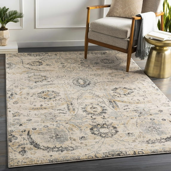 Hauteloom Sunnyside Rustic Farmhouse Traditional Floral Medallion Carpet for Living Room, Bedroom, Dining Room - Boho Vintage Oriental Damask Area Rug - Beige, Black, Charcoal - 18" Sample