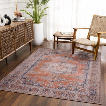 Hauteloom Taber Oriental Bedroom Living Room Area Rug - Machine Washable - Vintage Medallion Traditional Look - Bohemian Carpet - Orange, Blue - 5'3" x 7'3"