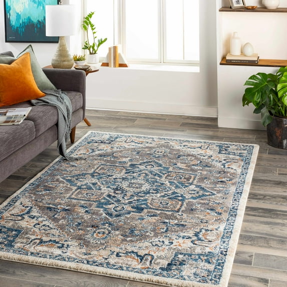 Hauteloom Taligaman Living Room, Bedroom Area Rug - Traditional - High Pile - Blue, Cream, Navy - 4'3" x 5'7"