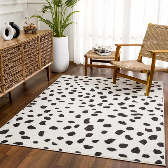 Hauteloom Tariffville Modern Animal Print Dalmatian Style Area Rug for Living Room, Bedroom, Kids Room, Nursery - High Pile Carpet - Black and White, Charcoal - 18" Sample