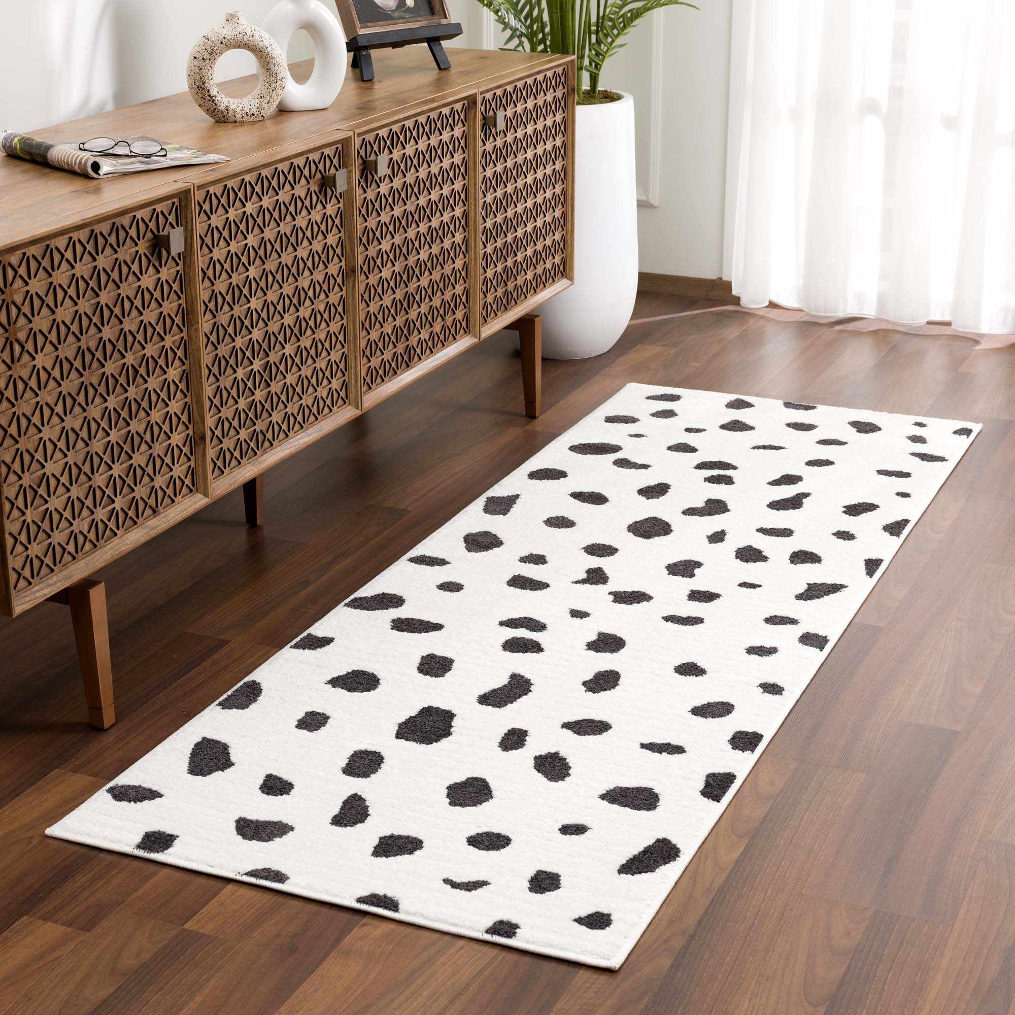 Hauteloom Tariffville Modern Animal Print Dalmatian Style Area Rug for Living Room, Bedroom, Kids Room, Nursery - High Pile Carpet - Black and White, Charcoal - 2'7" x 7'3" (2x8)
