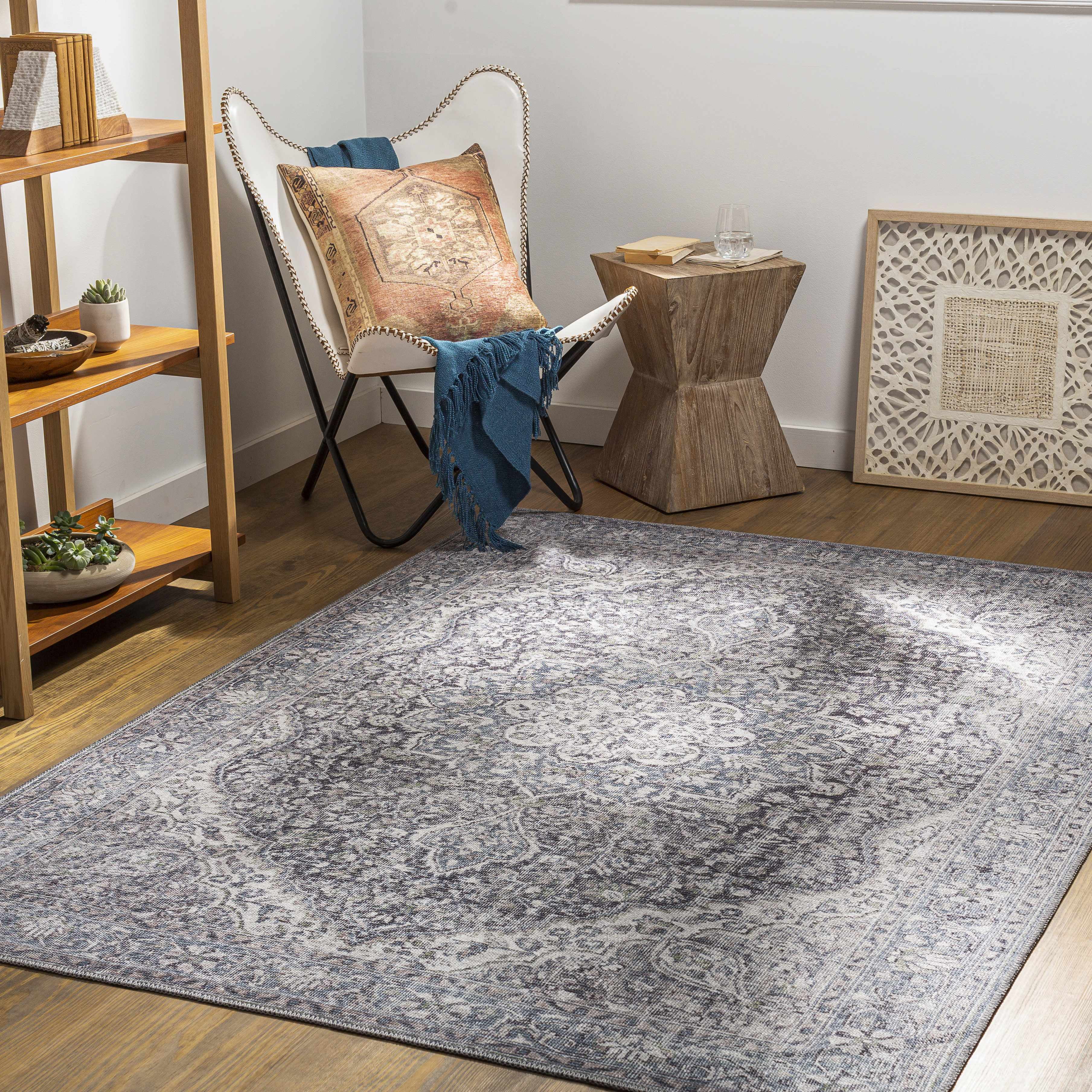 Hauteloom Tavas Machine Washable Area Rug - Oriental Traditional Medallion - Bohemian Vintage Distressed Carpet - Grey, Blue - 9'3" x 12'
