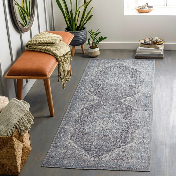 Hauteloom Tavas Machine Washable Entryway Kitchen Runner Rug - Oriental Traditional Medallion - Bohemian Vintage Distressed Long Carpet - Grey, Blue - 2'7" x 12'