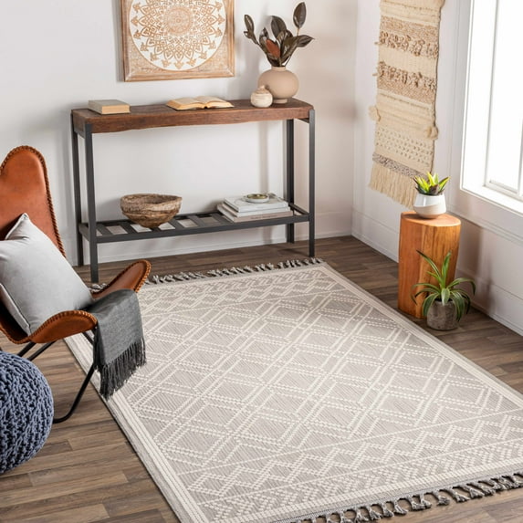 Hauteloom Taye Living Room, Bedroom Area Rug - Bohemian, Transitional - Cream, Medium Gray - 3'11" x 5'7"