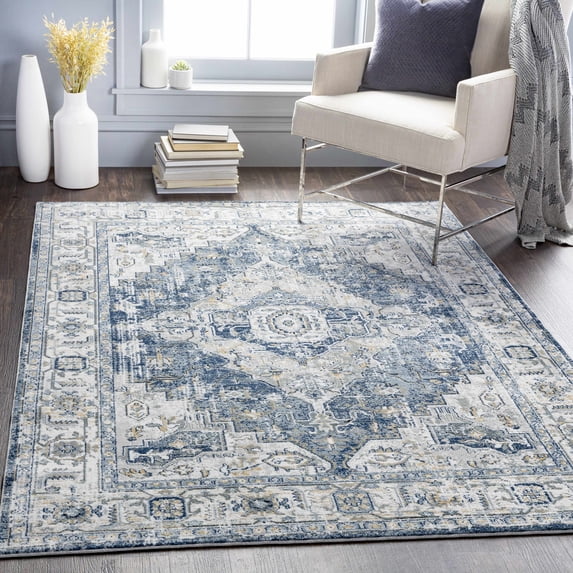 Hauteloom Telina Living Room, Bedroom Bohemian Area Rug - Traditional Oriental Medallion - Blue, Beige, Gray - 9' x 12'