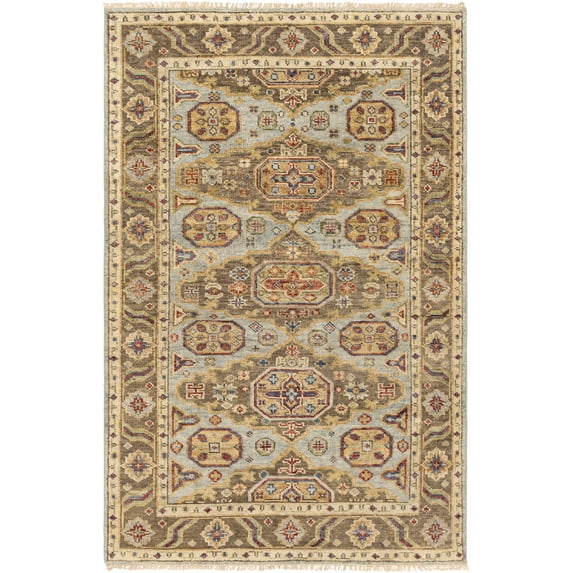 Hauteloom Jisap Wool Living Room, Bedroom Area Rug - Medallion Geometric Border - Traditional Oriental Tribal - Light, Blue, Brown - 2' x 3'