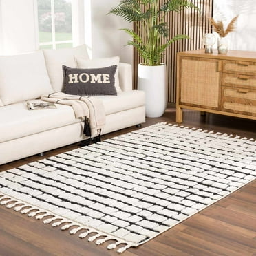 Hauteloom Teshi Farmhouse Checkered Area Rug with Fringe – High Pile Living Room & Bedroom Carpet – Cozy Plush Design – Off White, Black - 5'3" x 7'