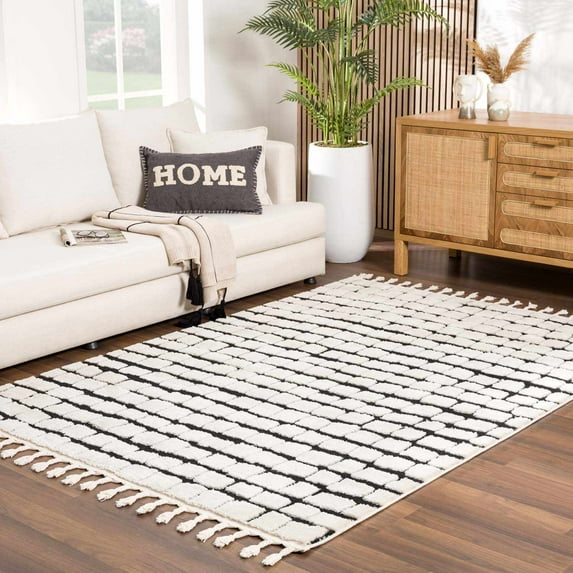 Hauteloom Teshi Farmhouse Checkered Area Rug with Fringe - High Pile Living Room & Bedroom Carpet - Cozy Plush Design - Off White, Black - 6'7" x 9'