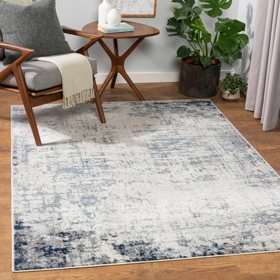 Hauteloom Texanna Neutral Abstract Living Room Bedroom Dining Room Area Rug - Modern Distressed Bohemian Carpet - Blue, Gray, Cream - 6'7" Square