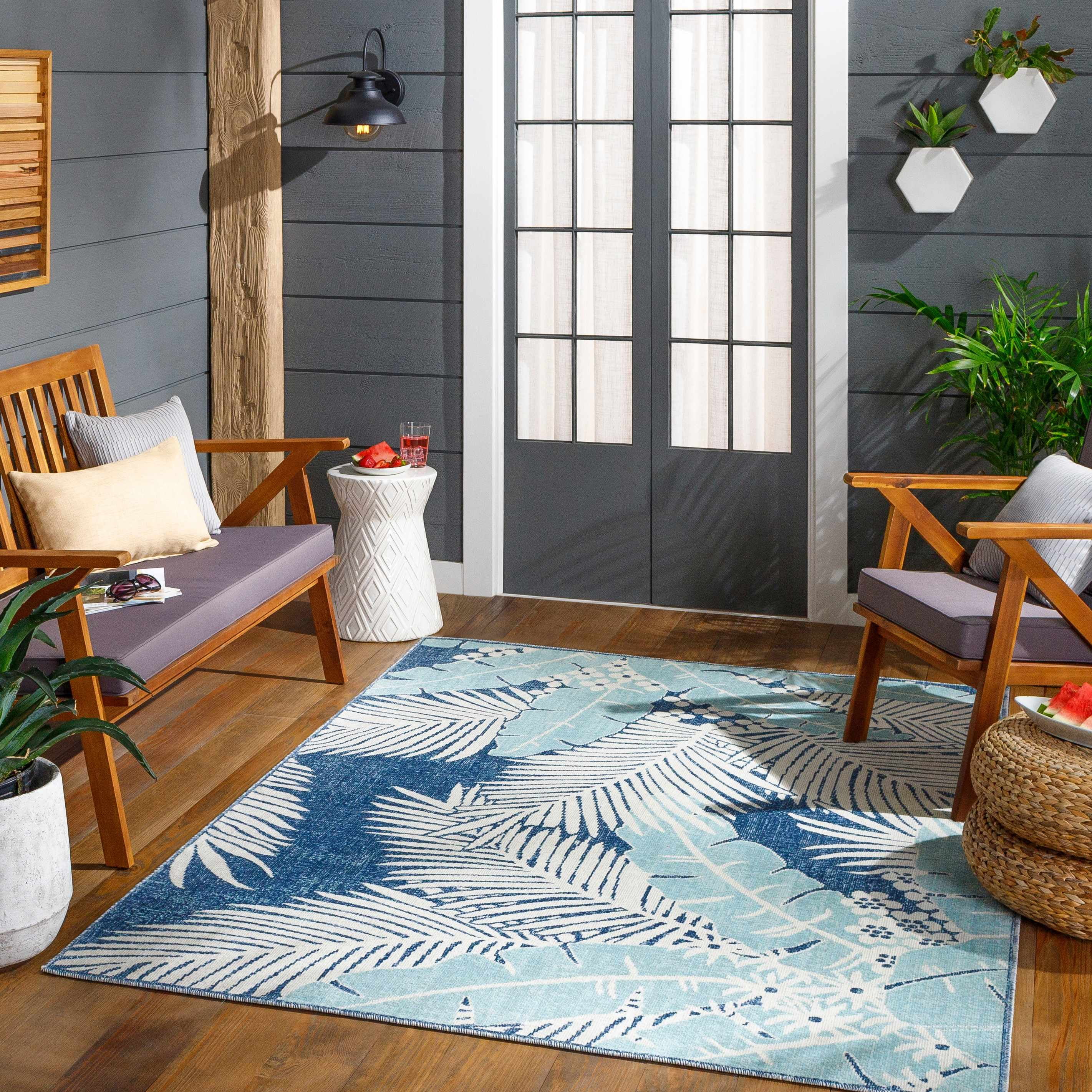Thebarton Coastal Blue Palm Low Pile Rectangle Area Rug