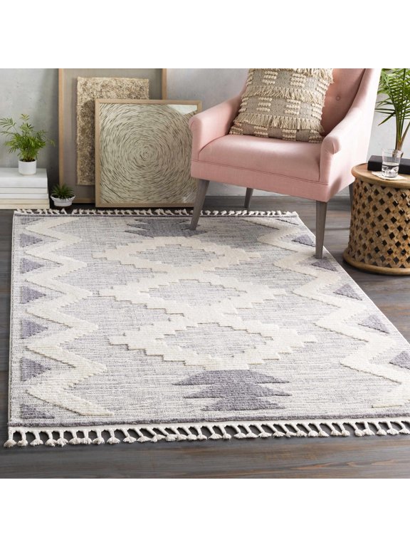 Godup Living Room, Bedroom Area Rug - Geometric Diamond Chevron - Bohemian Transitional Tribal - High Pile - Gray, Cream, White - 2' x 2'11"
