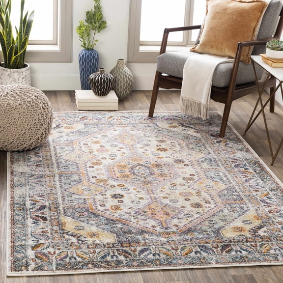 Hauteloom Thornley Traditional Oriental Living Room, Bedroom Area Rug - Boho Bohemian Vintage Distressed - Lilac, Yellow, Pink, Cream - 7' 10" x 10' 3"