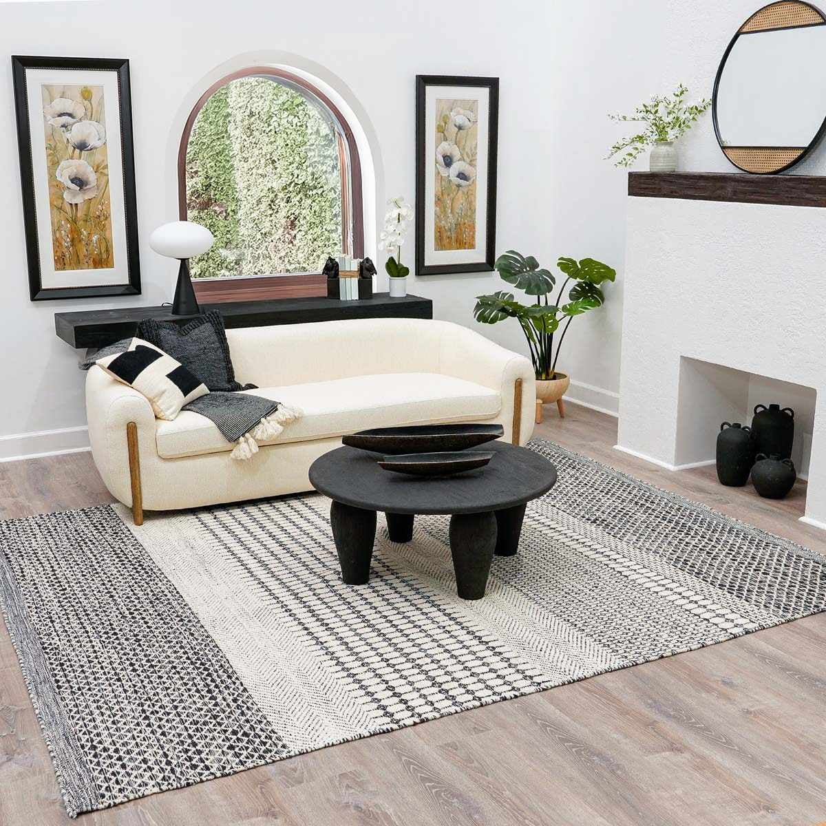 Hauteloom Tideswell Boho Hand Woven Wool Striped Geometric Textured Area Rug - Farmhouse Moroccan Trellis Carpet for Living Room, Bedroom - Black, Beige, Gray - 6' x 9'