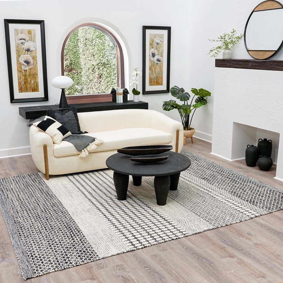 Hauteloom Tideswell Boho Hand Woven Wool Striped Geometric Textured Area Rug - Farmhouse Moroccan Trellis Carpet for Living Room, Bedroom - Black, Beige, Gray - 8'10" x 12'