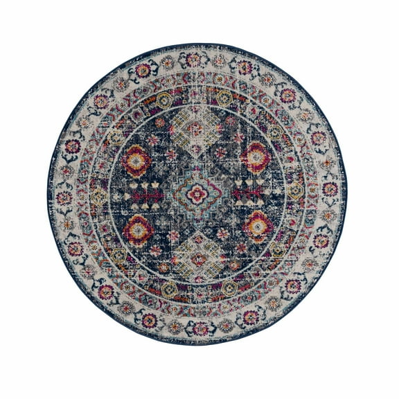 Hauteloom Tigris Collection Barley Bohemian Rustic Living Room Bedroom Under Table Round Area Rug - Vintage Distressed - Farmhouse Southwestern Aztec Pattern - Blue, Black - 5'3" Circle/Circular