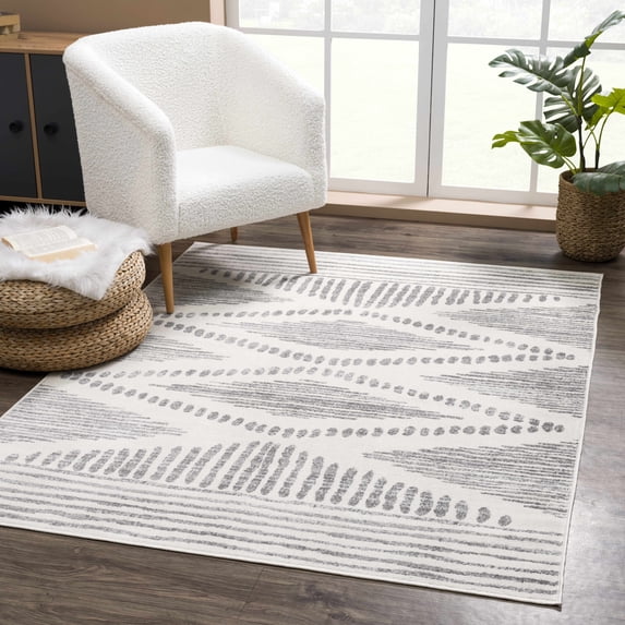 Hauteloom Tigris Collection Nikea Geometric Southwestern Farmhouse Living Room Bedroom Area Rug - Vintage Distressed - Boho Aztec Tribal Pattern - Ivory, Beige, Gray - 5'3" x 7'