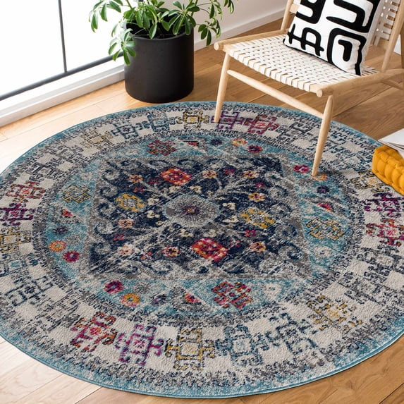Hauteloom Tigris Living Room, Bedroom Area Rug - Traditional - Light Blue, Navy, Ivory - 6'7" Round