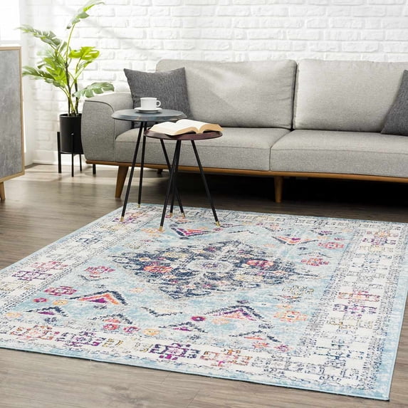 Hauteloom Tigris Living Room, Bedroom Area Rug - Traditional - Light Blue, Navy, Ivory - 7'10" x 10'