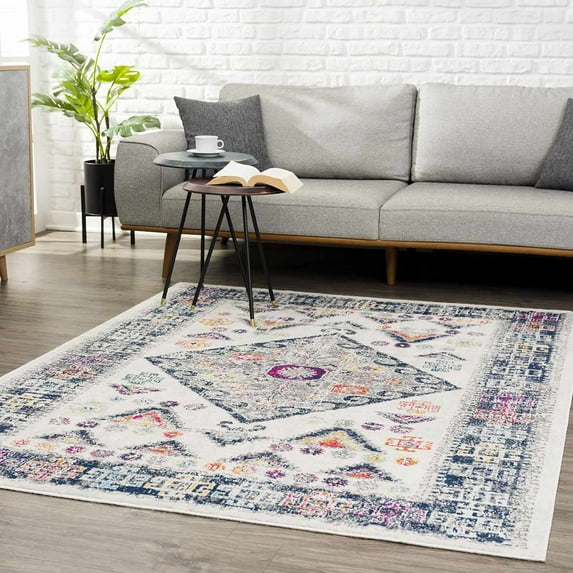 Hauteloom Tigris Collection Patara Multicolor Geometric Pattern Living Room Bedroom Dining Room Large Area Rug - Traditional Anatolian Pattern - Off White, Gray, Orange, Red, Yellow - 9' x 12'