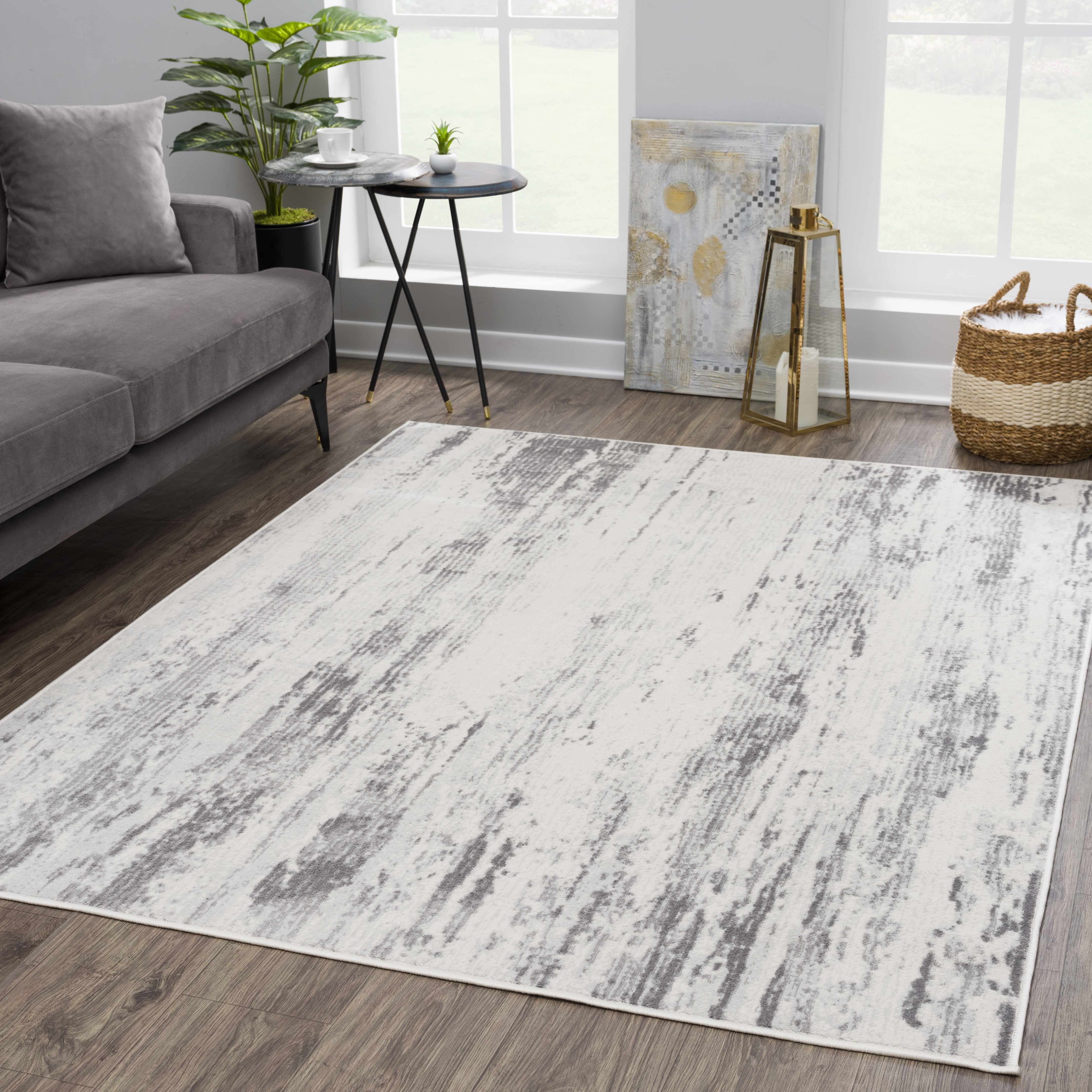 Gray and Ivory Abstract Synthetic Medium Pile Rectangle Rug