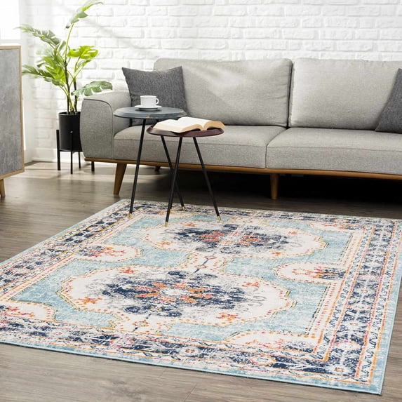Hauteloom Tigris Collection Twinberg Bohemian Rustic Living Room Bedroom Area Rug - Vintage Distressed - Turkish Farmhouse Southwestern Aztec Pattern - Off White, Yellow, Orange - 6'7" x 9'