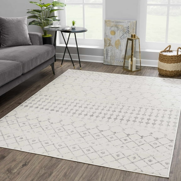 Hauteloom Tigris Moroccan Trellis Farmhouse Entryway, Hallway, Small Area Rug Door Mat - Vintage Distressed - Bohemian Geometric - Beige, Ivory, Gray - 2' x 3'
