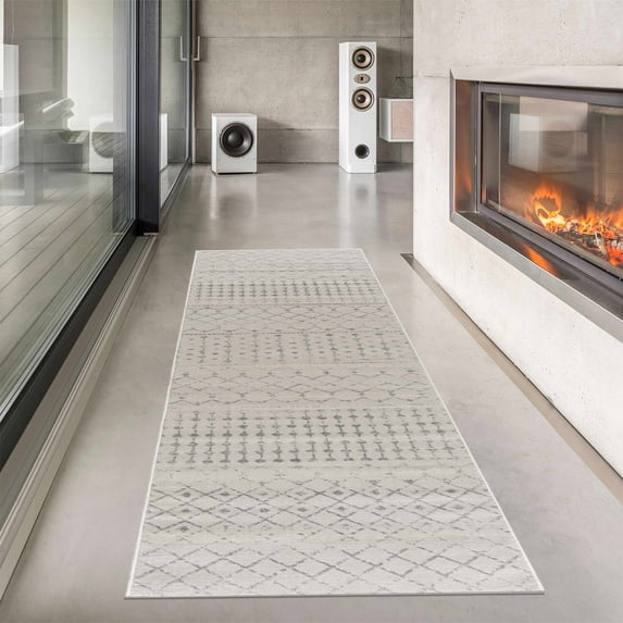 Hauteloom Tigris Moroccan Trellis Farmhouse Hallway, Entryway, Kitchen Runner Rug - Long Carpet - Vintage Distressed - Bohemian Geometric - Beige, Ivory, Gray - 2'7" x 10'