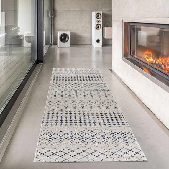 Hauteloom Tigris Moroccan Trellis Farmhouse Hallway, Entryway, Kitchen Runner Rug - Long Carpet - Vintage Distressed - Bohemian Geometric - Gray, Ivory, Beige, Blue - 2'7" x 10'
