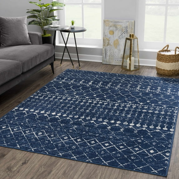 Hauteloom Tigris Moroccan Trellis Farmhouse Living Room Bedroom Area Rug - Vintage Distressed - Bohemian Geometric - Blue, Gray, Ivory, Navy - 6'7" x 9'