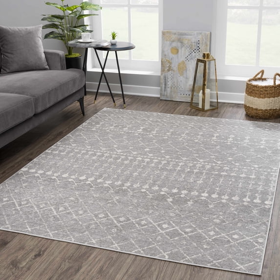 Hauteloom Tigris Moroccan Trellis Farmhouse Living Room Bedroom Area Rug - Vintage Distressed - Bohemian Geometric - Gray, Ivory, Beige - 5'3" x 7'