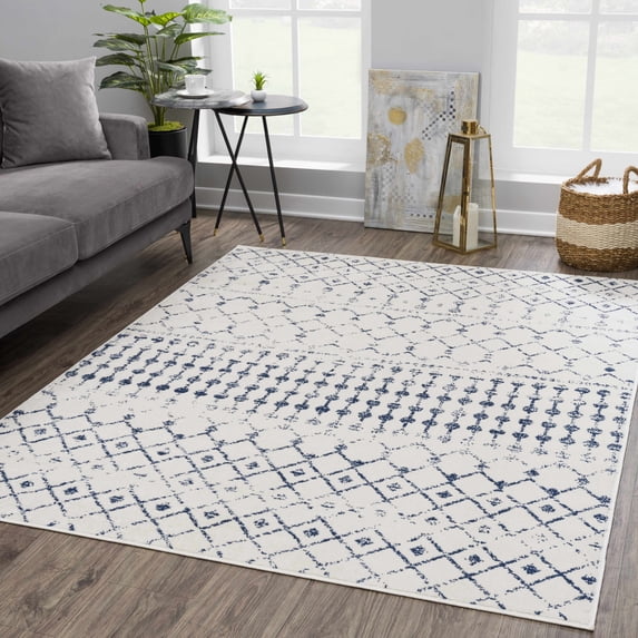 Hauteloom Tigris Moroccan Trellis Farmhouse Living Room Bedroom Area Rug - Vintage Distressed - Bohemian Geometric - Gray, Ivory, Beige, Blue - 5'3" x 7'