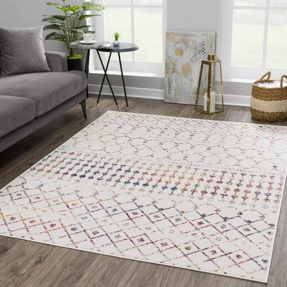 Hauteloom Tigris Moroccan Trellis Farmhouse Living Room Bedroom Area Rug - Vintage Distressed - Bohemian Geometric - Gray, Ivory, Cream, Multicolor, Red, Orange, Blue - 5'3" x 7'
