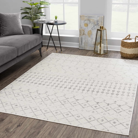 Hauteloom Tigris Moroccan Trellis Farmhouse Living Room Bedroom Dining Room Area Rug - Vintage Distressed - Bohemian Geometric - Beige, Ivory, Gray - 7'10" x 10'