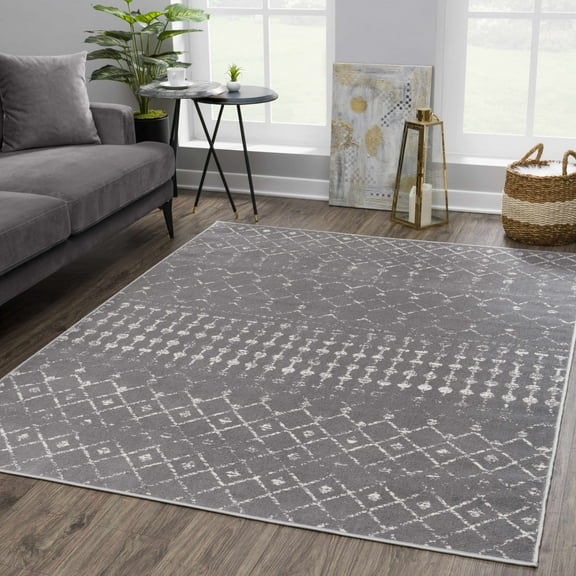 Hauteloom Tigris Moroccan Trellis Farmhouse Living Room Bedroom Dining Room Area Rug - Vintage Distressed - Bohemian Geometric - Black, Dark Gray, Ivory - 7'10" x 10'