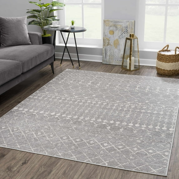 Hauteloom Tigris Moroccan Trellis Farmhouse Living Room Bedroom Dining Room Area Rug - Vintage Distressed - Bohemian Geometric - Gray, Ivory, Beige - 7'10" x 10'