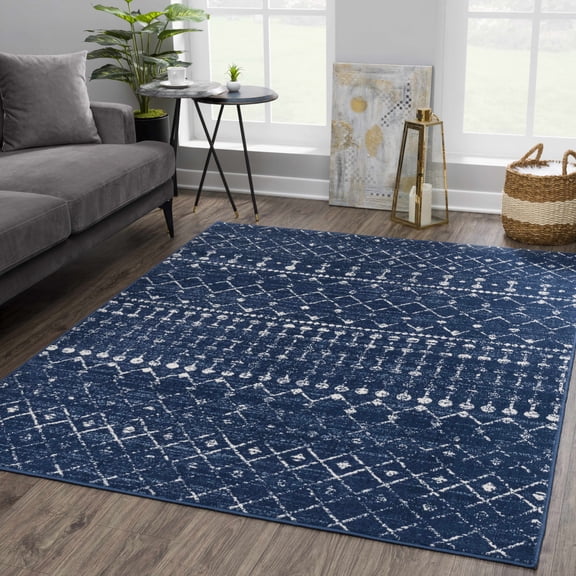 Hauteloom Tigris Moroccan Trellis Farmhouse Living Room Bedroom Dining Room Large Area Rug - Vintage Distressed - Bohemian Geometric - Blue, Ivory - 10' x 14'