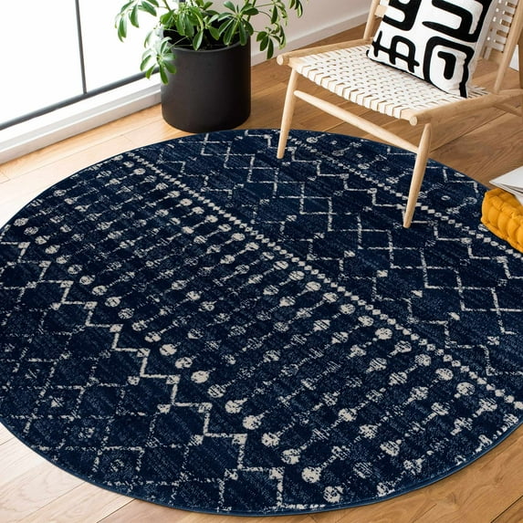 Hauteloom Tigris Moroccan Trellis Farmhouse Living Room Bedroom Round Under Table Area Rug - Vintage Distressed - Bohemian Geometric - Blue, Gray, Ivory, Navy - 6'7" Circle