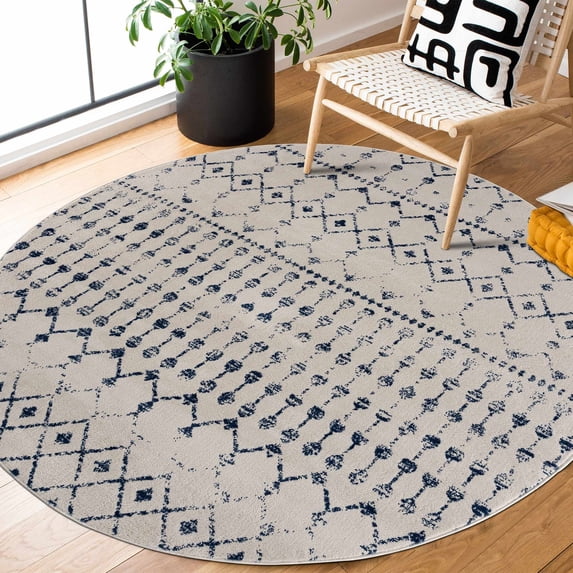 Hauteloom Tigris Moroccan Trellis Farmhouse Living Room Bedroom Round Under Table Area Rug - Vintage Distressed - Bohemian Geometric - Gray, Ivory, Beige, Blue - 6'7" Circle