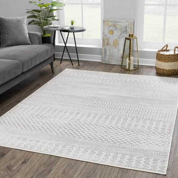 Hauteloom Tigri Moroccan Trellis Neutral Geometric Farmhouse Living Room Area Rug - Distressed Rustic Pattern - Southwestern Native American Look - Ivory, Beige, Cream, Gray - 7'10" x 10'