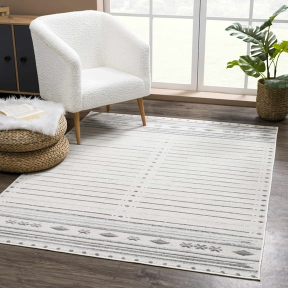 Hauteloom Tigri Moroccan Trellis Southwestern Farmhouse Living Room Area Rug - Distressed Geometric Pattern - Southwestern Native American Look - Ivory, Beige, Cream, Gray - 7'10" x 10'