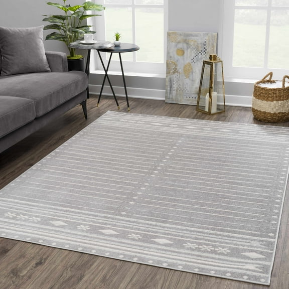 Hauteloom Tigris Moroccan Trellis Southwestern Farmhouse Living Room Bedroom Area Rug - Distressed Geometric Pattern - Southwestern Native American Look - Gray, Ivory, Beige, Cream - 3'11" x 5'7"