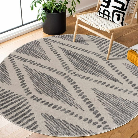 Hauteloom Tigris Nikea Geometric Southwestern Farmhouse Living Room Round Under Table Area Rug - Vintage Distressed - Boho Aztec Tribal Pattern - Ivory, Beige, Gray - 5'3" Circle/Circular