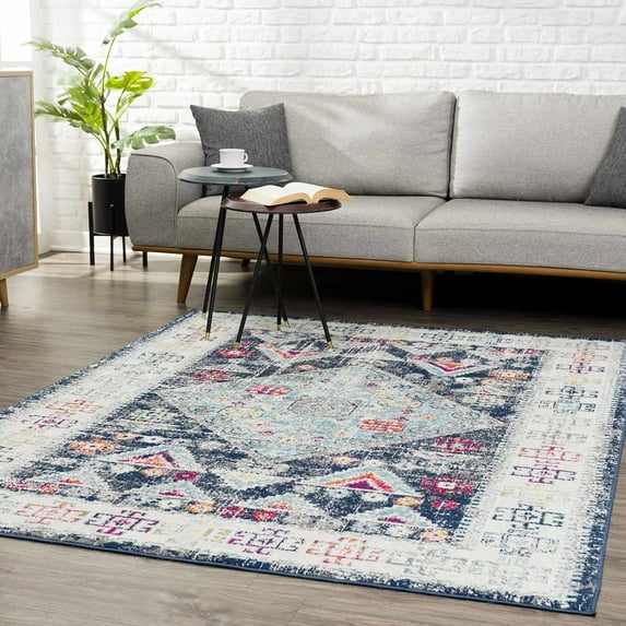 Hauteloom Tigris Patara Multicolor Geometric Pattern Entryway, Small Area Rug Door Mat Area Rug - Traditional Anatolian Pattern - Dark Blue, Turquoise, Gray, Orange, Purple - 2' x 3'