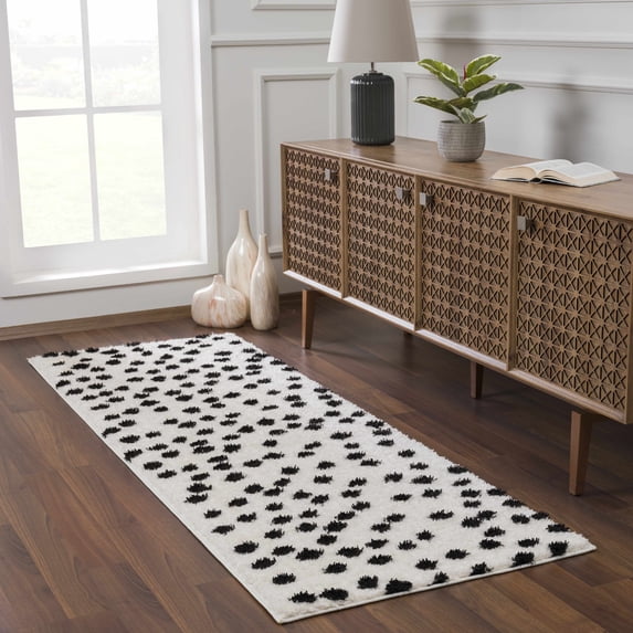 Hauteloom Tilos Dalmatian Hallway, Entryway Shag Runner Rug - Shaggy Runner Rug - Dot Pattern - High Plush Pile - Black, White - 2'7" x 7'3"