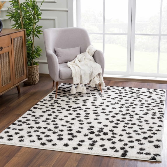 Hauteloom Tilos Dalmatian Small Shag Area Rug Door Mat - Shaggy Carpet - Dot Pattern - High Plush Pile - Black, White - 2' x 3'