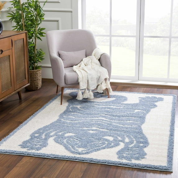 Hauteloom Tilos Moroccan Farmhouse Hallway, Entryway Shag Runner Rug - Shaggy Long Runner Rug - Tiger Pattern - High Plush Pile - Blue, Cream, Beige - 2'7" x 7'3"