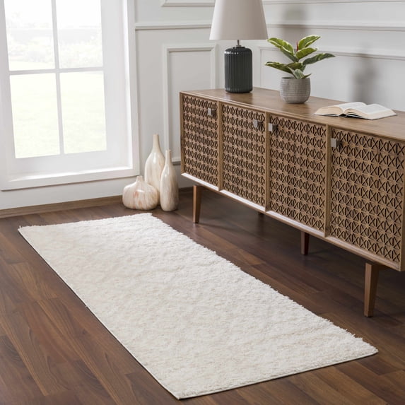 Hauteloom Tilos Moroccan Farmhouse Hallway, Entryway Shag Runner Rug - Shaggy Long Runner Rug - Trellis Pattern - High Plush Pile - Cream, Pink, Beige - 2'7" x 7'3"