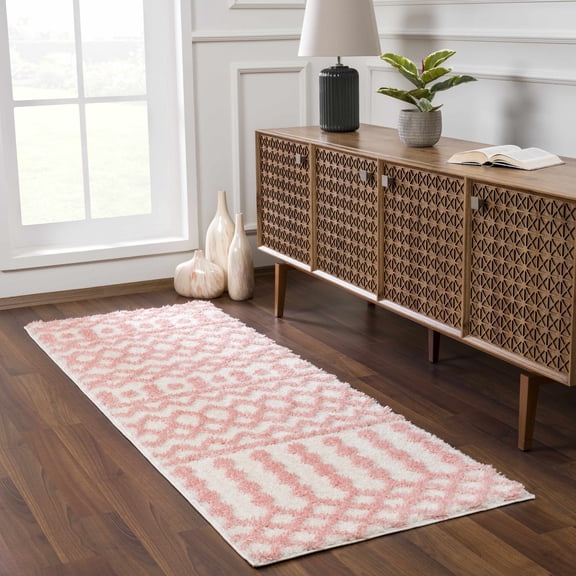 Hauteloom Tilos Moroccan Farmhouse Hallway, Entryway Shag Runner Rug - Shaggy Long Runner Rug - Trellis Pattern - High Plush Pile - Cream, Pink, Beige - 2'7" x 7'3"