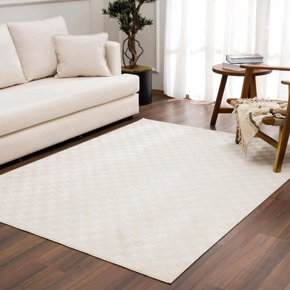 Hauteloom Truls Machine Washable Contemporary Runner Rug - Modern Geometric Checkered Carpet for Hallway, Kitchen - Cream - 2'7" x 7'3"