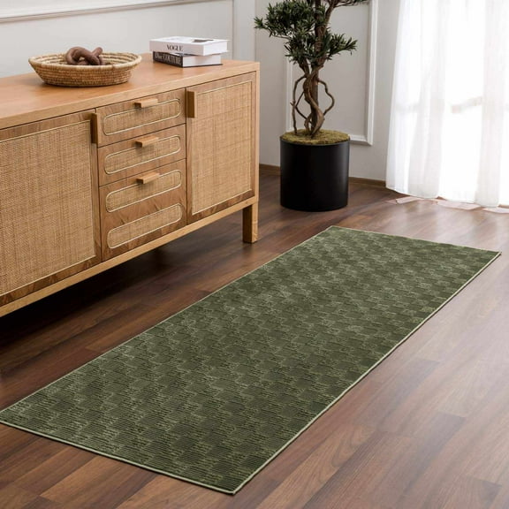 Hauteloom Truls Machine Washable Contemporary Runner Rug - Modern Geometric Checkered Carpet for Hallway, Kitchen - Green - 2'7" x 7'3"